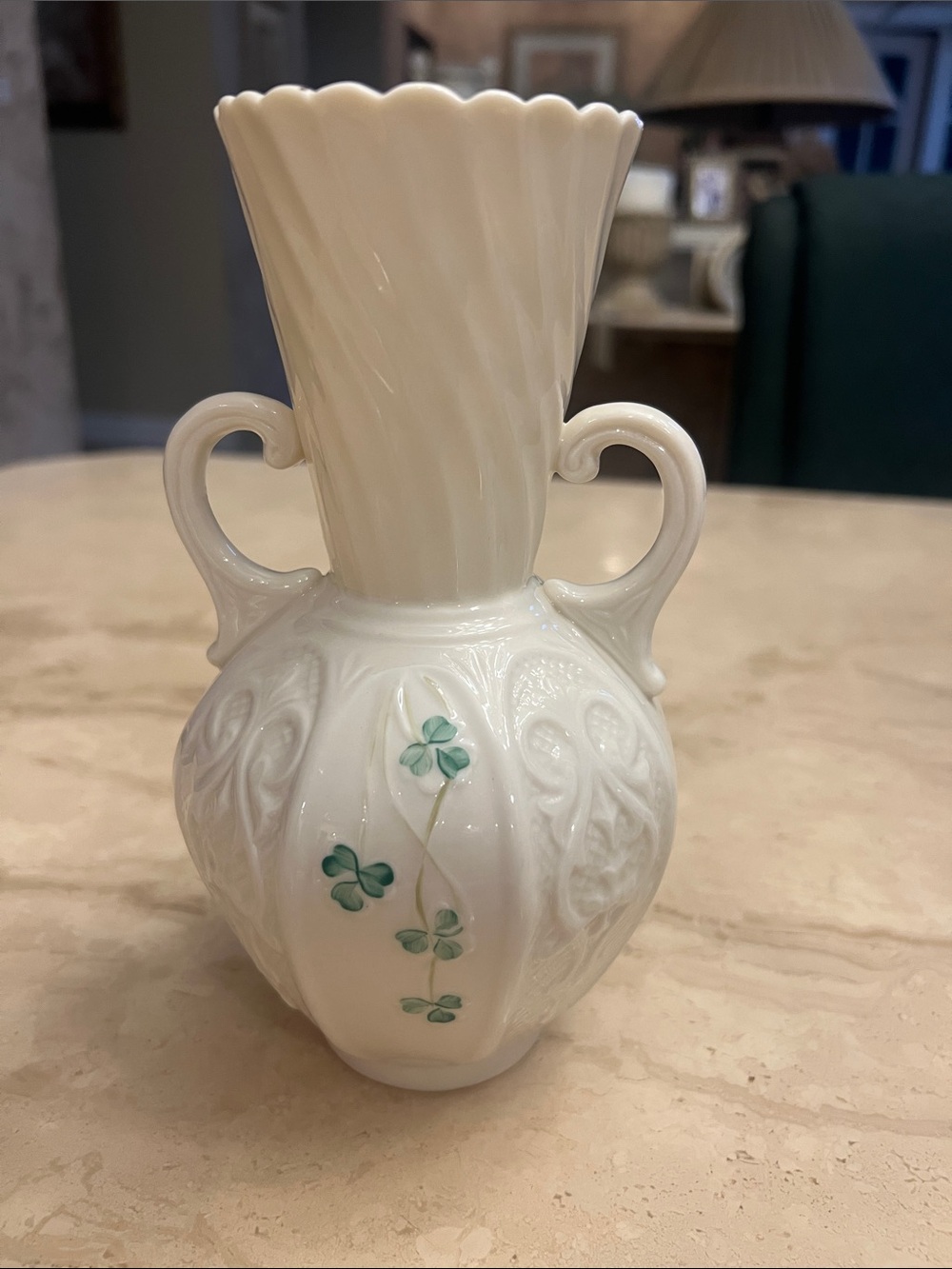 Belleek Shamrock Panel Vase - hand-painted on fine Parian porcelain made Ireland